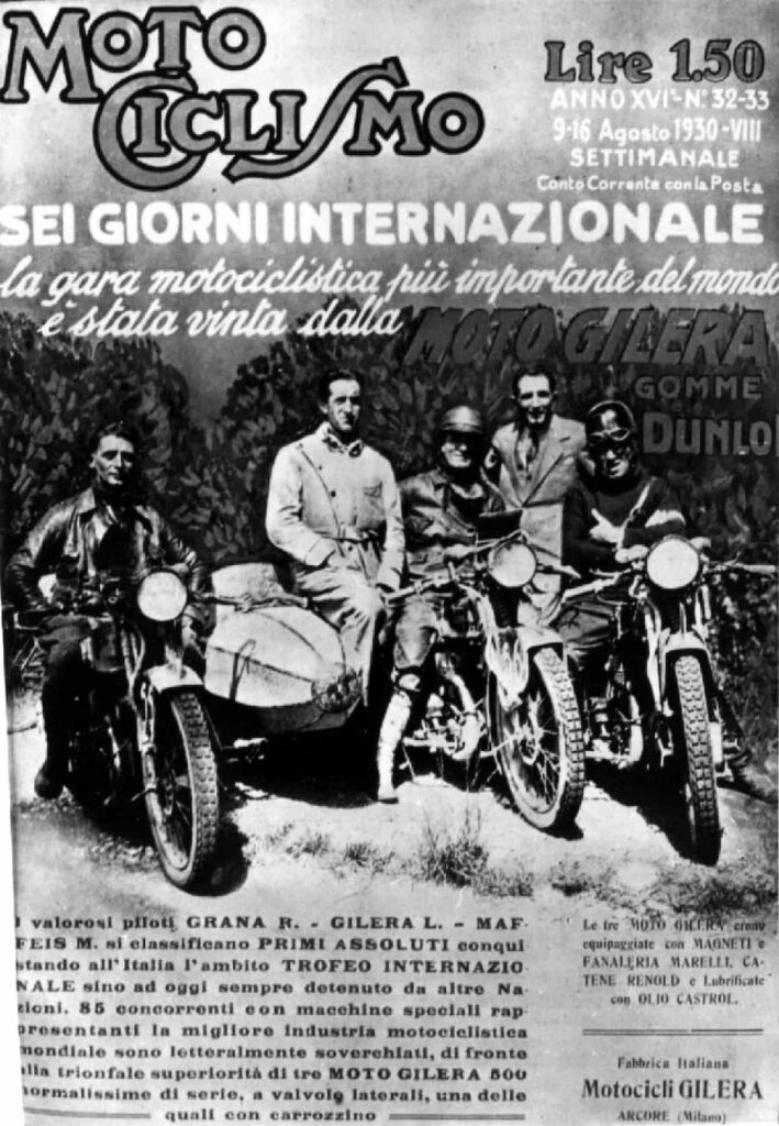 La copertina della rivista "Motociclismo" celebra la vittoria della Gilera alla Sei Giorni Internazionale del 1930
